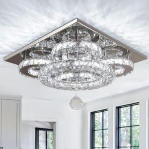 Moderen Crystal Chandelier Five Rings LED Crystal Ceiling Light Flush Mount Stainless Steel Pendant Ceiling Lamp for Living Room Bedroom Restaurant Porch Dining Room (Cool White) (WCY Cw)