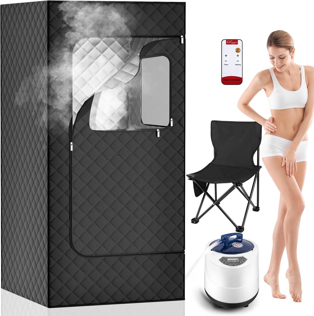 YSJILIDE Portable Steam Sauna for Home, Sauna Box with 3L Steamer/Chair/Remote Control for Personal Home Spa Indoor, Health Benefits and Relaxation (71''x32''x32'' XL Size Black)