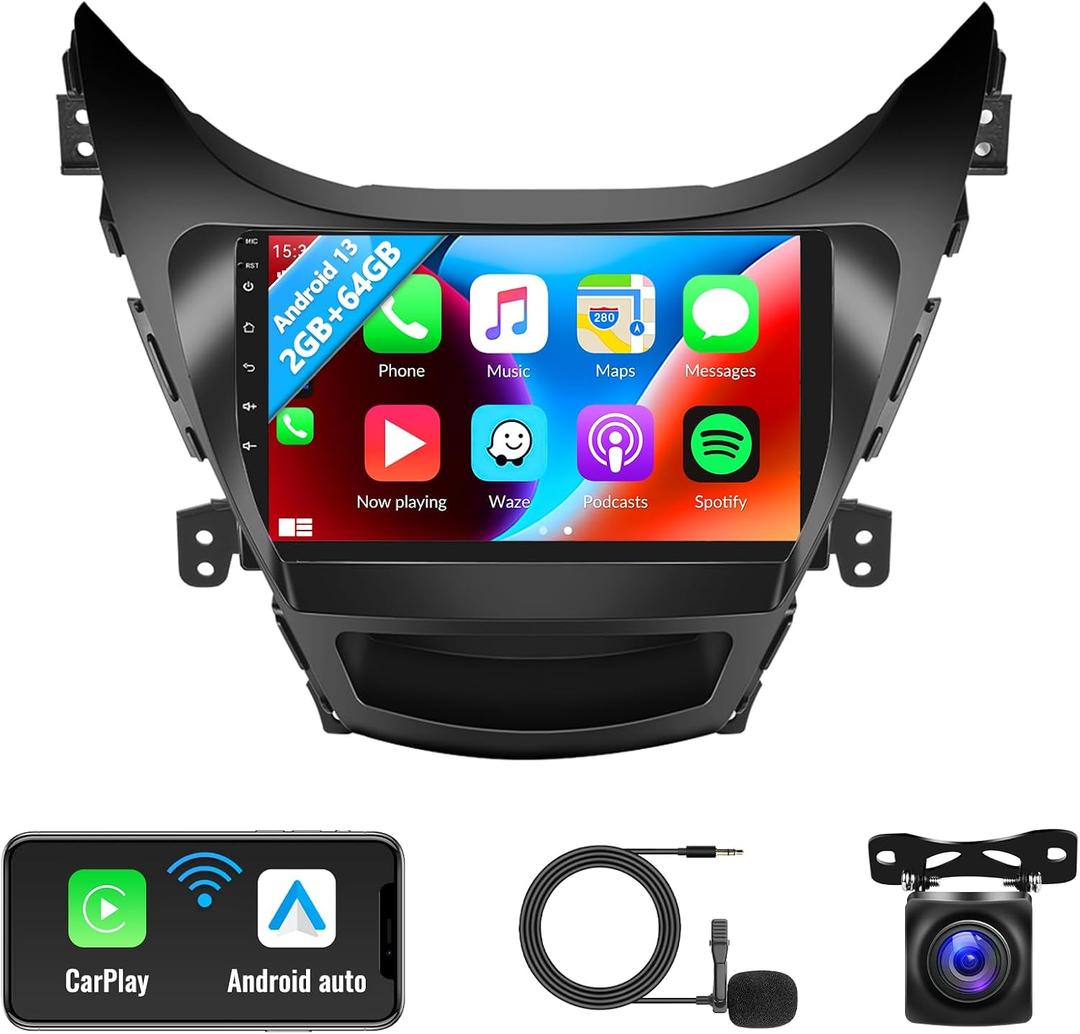 SIXWIN 2G+64G Android Car Stereo for Hyundai Elantra 2011 2012 2013 Radio with Wireless Apple Carplay Android Auto Bluetooth 9 inch Touchscreen with GPS Navigation WiFi HiFi FM RDS Backup Camera MIC