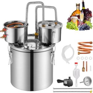VEVOR Alcohol Still with Thumper Keg, 3Gal / 11L Alcohol Distiller, Distillery Kit for Alcohol with Copper Tube, Build-in Thermometer & Water Pump for Whisky Brandy