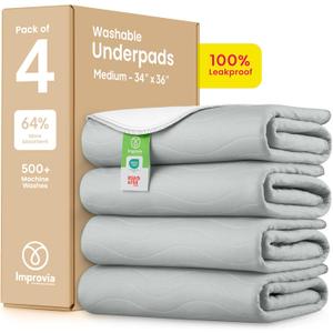 IMPROVIA Washable Underpads 34" x 36" Pack of 4 Heavy Absorbency Reusable Bedwetting Incontinence Pads for Adults, Kids, & Pets - Waterproof Protective Pad for Bed, Couch, Sofa, Floor (Gray & White)