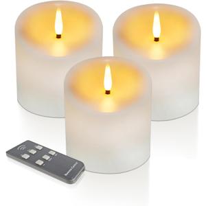 Outdoor Waterproof Flameless Candles with Timer, Remote Control Battery Operated Candles Flickering Last 600 Hours, 3"x3" Realistic Electric Fake LED Candles, Ivory Plastic, Set of 3