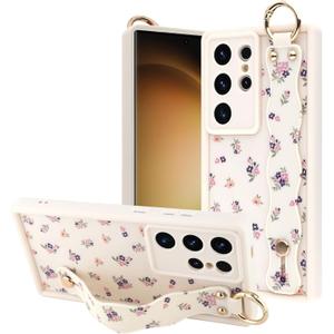 OOK Compatible with Samsung Galaxy S23 Ultra Case with Wrist Strap, Cute White Floral Flower TPU Shockproof Protection Slim Cover with Camera Protection for Women Girls, for 6.8inch