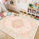 CAPALOCA Machine Washable Rugs Nursery Rug 4x6 Cute Girl Non Slip Low Pile Water Repellent Soft Print Pattern for Bedroom Indoor Decor Kids Playroom Pink Green