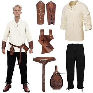 Men's Renaissance Costume Halloween Medieval Pirate Shirt Ankle Banded Pants Viking Belt Accessories, 7Pcs, L
