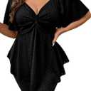 Eytino Womens Plus Size Tops Twist Front V Neck Short Sleeve Eyelet Embroidery Summer Loose Blouse Shirts(5X) (Black)