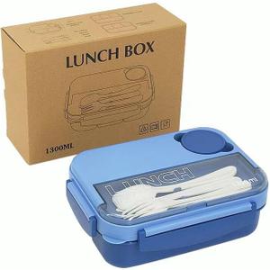 Bento Box Adult Lunch Box, 44 oz Containers with 4 Compartments, Lunchable Food Container with Utensils, Sauce Jar, Microwave & Dishwasher Safe (Blue-Blue)