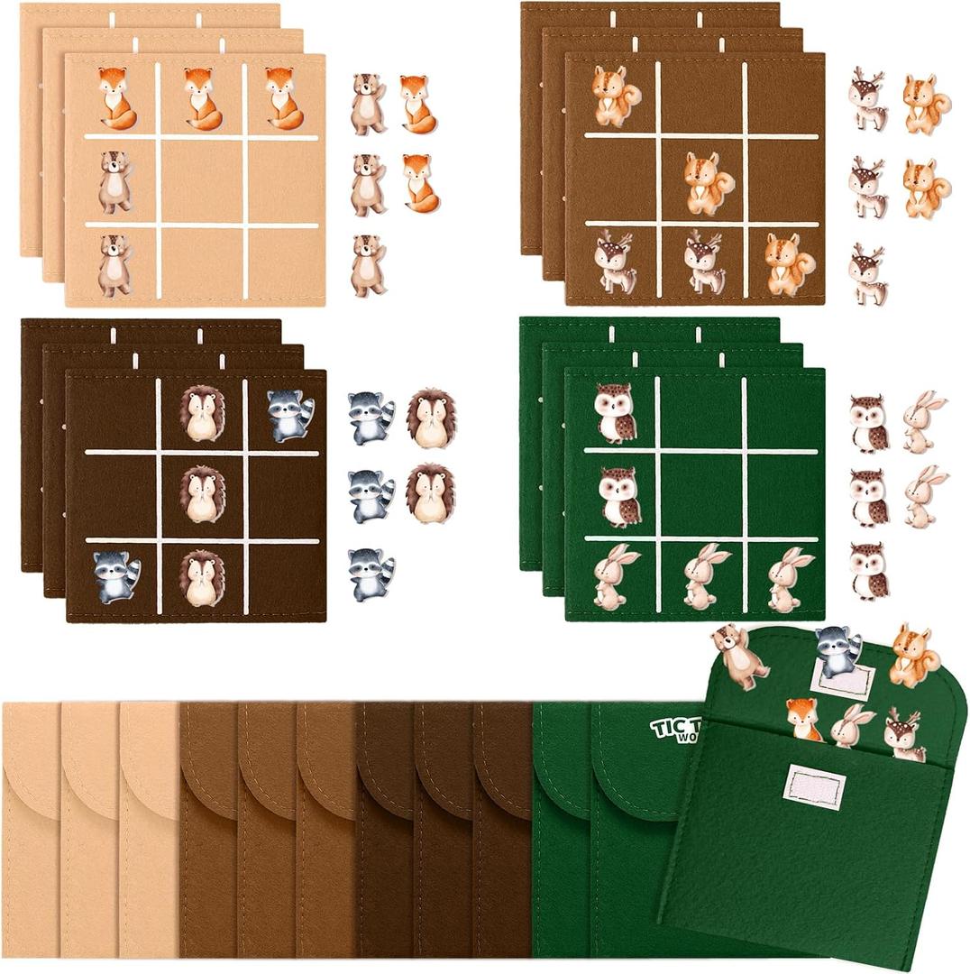 24 Set Tic Tac Toe Game Pack Woodland Animals Jungle Party Favors Felt Safari Goodie Bags Stuffers Baby Educational Toys Board Game with Envelopes for End of Year Students Classroom Prizes