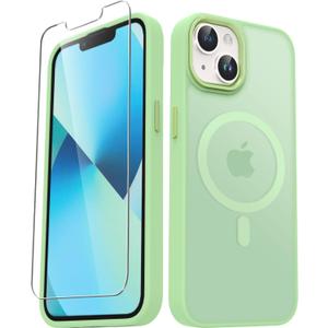 for iPhone 14 Case, iPhone 13 Case, with 1 Screen Protector, Matte Magnetic Slim Phone Cover, Support for Magsafe, Shockproof Protection Translucent Frosted Back,Mint Green