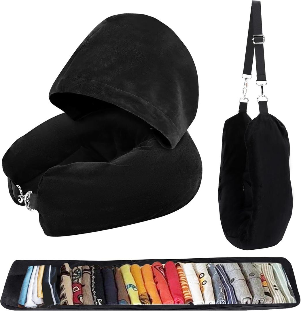 Stuffable Travel Neck Pillow with Hood, Soft Velvet Travel Neck Pillow Stuffable with Clothes, Adjustable Neck Size, Multifunctional Fillable Airplane Travel Neck Pillow for Extra Luggage (Black)