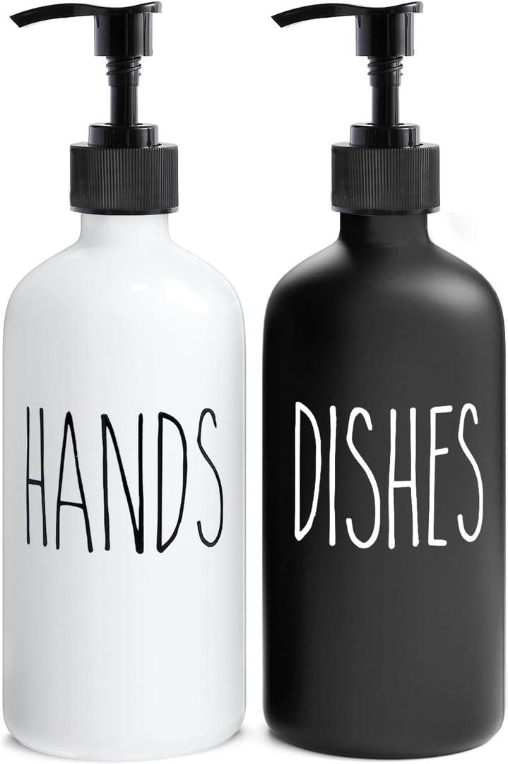 MOMEEMO Soap Dispenser Set 2 Pack, Contains Hand and Dish Soap Dispenser, Perfect for Black and White Kitchen Decor. (Black & White)