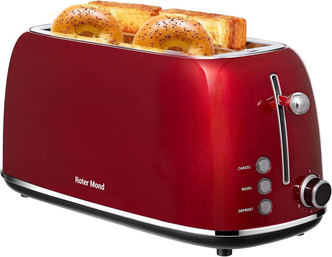 4 Slice Toaster Retro Stainless Steel Toaster with Bagel, Cancel, Defrost Function and 6 Bread Shade Settings Bread Machine, Long Extra Wide Slots and Removable Crumb Tray, Red