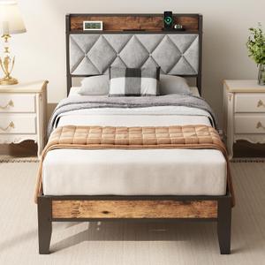 Sweetcrispy Twin Bed Frame with Upholstered Headboard, Storage Headboard with USB Charging Station, Sturdy Metal Slats Support, Durable Squeak-Free Wooden Frame, No Box Spring Needed, Grey, 11"Twin
