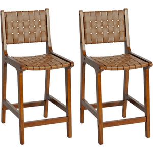 CangLong Bar Stool Set of 2, Counter Stool with PU Leather Woven Straps Seat & Back, Wooden Frame Bar Chair 24" Seat Height for Kitchen Island & Pub, Walnut+Brown