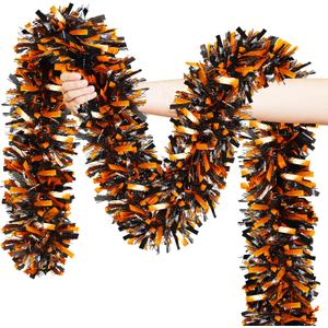 Halloween Decorations, 50FT Halloween Tinsel Garland Shiny Orange Black Metallic Twist Hanging Garland for Indoor Outdoor Home Tree Stairs Party Decorations