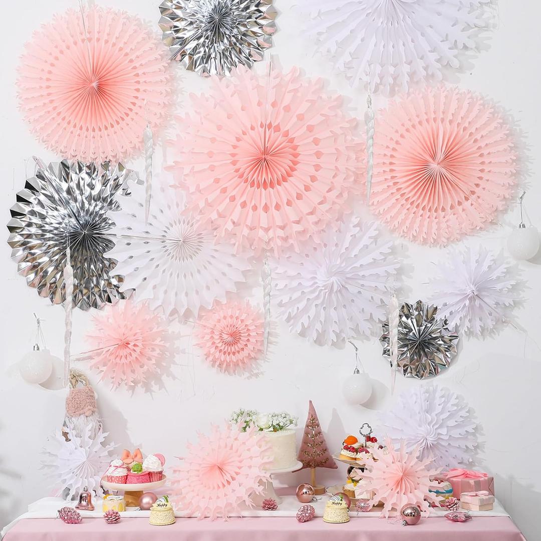 24 Pcs Winter Christmas Snowflake Ornaments Pink Large Christmas Snowflake Hanging Decorations with White Icicle and Snowball Ornament for Wonderland Party Decoration Baby Shower Decor