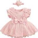 Infant Baby Girl Lace Romper Baby Tulle Dress Romper Flowers Bodysuit Spring Summer Festival Clothes with Headband (12-18 Months, Pink)