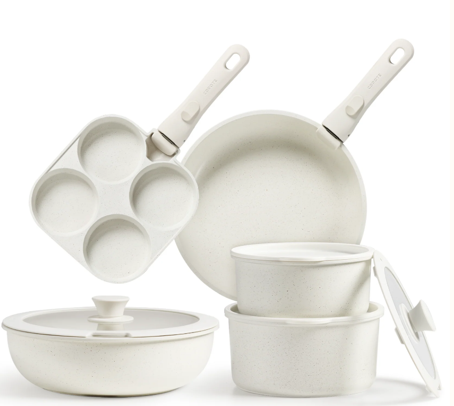 CAROTE 5pcs Pots and Pans Set Non Stick, Cookware Sets, Kitchen Set, Oven/Dishwasher/Fridge Safe, Space Saving Pots Set, Nonstick Set with Versatile Detachable Handle, Induction RV Set, Green