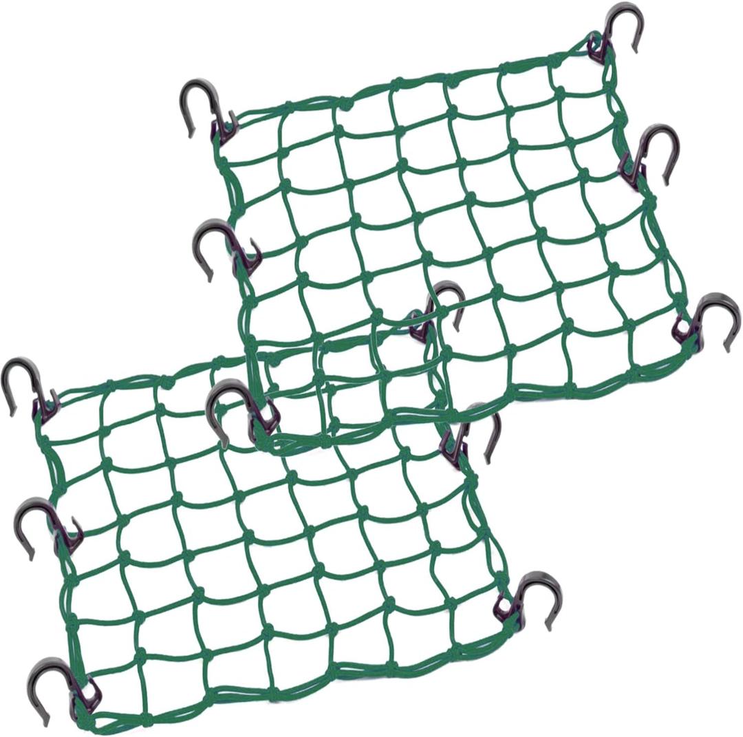 Small Cargo Net 15"x15" Stretches to 30"x30" with Thicken Hooks | Natural Latex Core, Tight 2x2 Mesh Heavy Duty Bungee Net for Motorcycle Helmet, Bike, ATV, UTV, Luggage (Army Green, 2 Pack)
