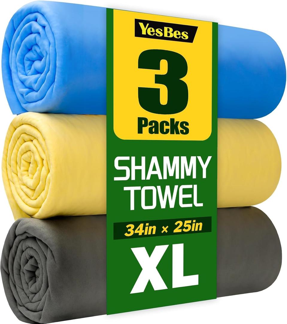 3 Pack Premium XL Shammy Cloth for Car Drying, 34x25 Chamois Towel for Car, Super Absorbent Shammy Towel for Car, Reusable Soft Car Drying Towels