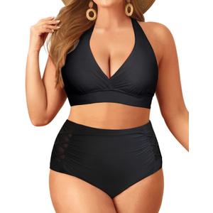 Yonique Womens Two Piece Plus Size Halter Bikini Swimsuits Tummy Control Bathing Suits High Waisted Swimwear (Black 01)