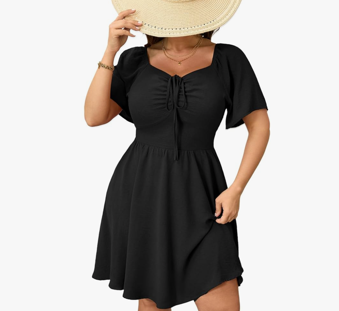 RWJ Women Plus Size Summer Dress Short Sleeve Tie Front Sweetheart Neck Wrap A-Line Casual Mini Wedding Guest Dresses 2025 Size XXL Black
