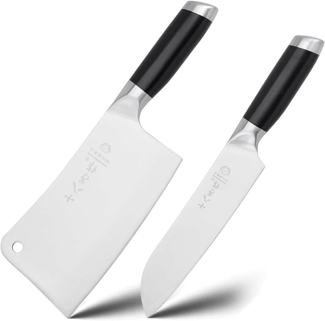 SHI BA ZI ZUO Meat Cleaver Set, 2 Pieces Professional Butcher Knife and Chef Knife Bone Chopper Perfect for Restaurants and Home Kitchen Use