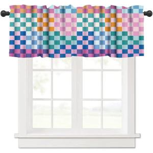 Retro Multicolored Checkered Window Valance Curtain, Colorful Bright Rainbow Modern Simple Groovy Aesthetic Farmhouse Kitchen Valances for Dining Room Canteens Decor 54x18inch (Swirl-11)