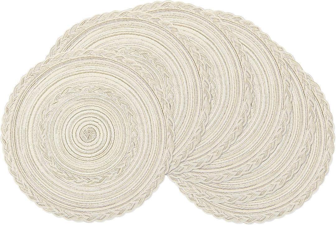 SHACOS Round Placemats Set of 6 Boho Braided Bordered Placemats 15 inch for Dining Tables Wedding Holiday Party (Ivory Bordered, 6)