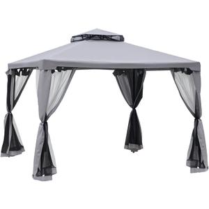 Outsunny 9.6' x 9.6' Patio Gazebo, Outdoor Canopy Shelter with 2-Tier Roof and Netting, Steel Frame for Garden, Lawn, Backyard, and Deck, Gray Outsunny 9.6' x 9.6' Patio Gazebo, Outdoor Canopy Shelter with 2-Tier Roof and Netting, Steel Frame for Garden, Lawn, Backyard, and Deck, Gray