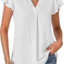 LYANER Women's Casual V Neck Ruffle Short Sleeve Pleated Sexy Chiffon Blouse Shirt Top (White)
