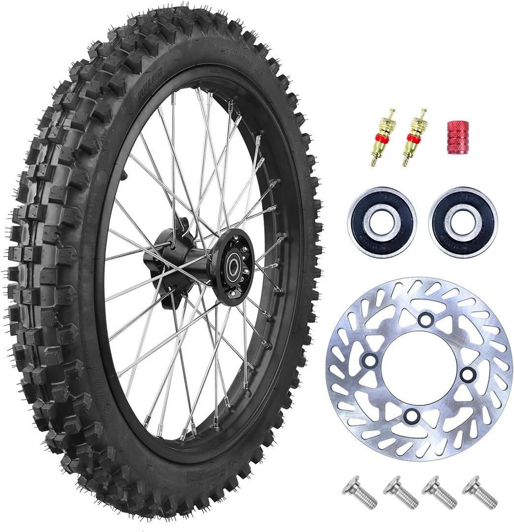 2.50-14 60/100-14 Dirt Bike Front Rim Wheel Tire With 12-15mm Bearing for 50cc 70cc 110cc 125cc SSR125 TTR90 TTR110 CRF70 XR70 KLX110 RM65 Apollo TaoTao DB14 Coolster Pit Bike Motorcycle