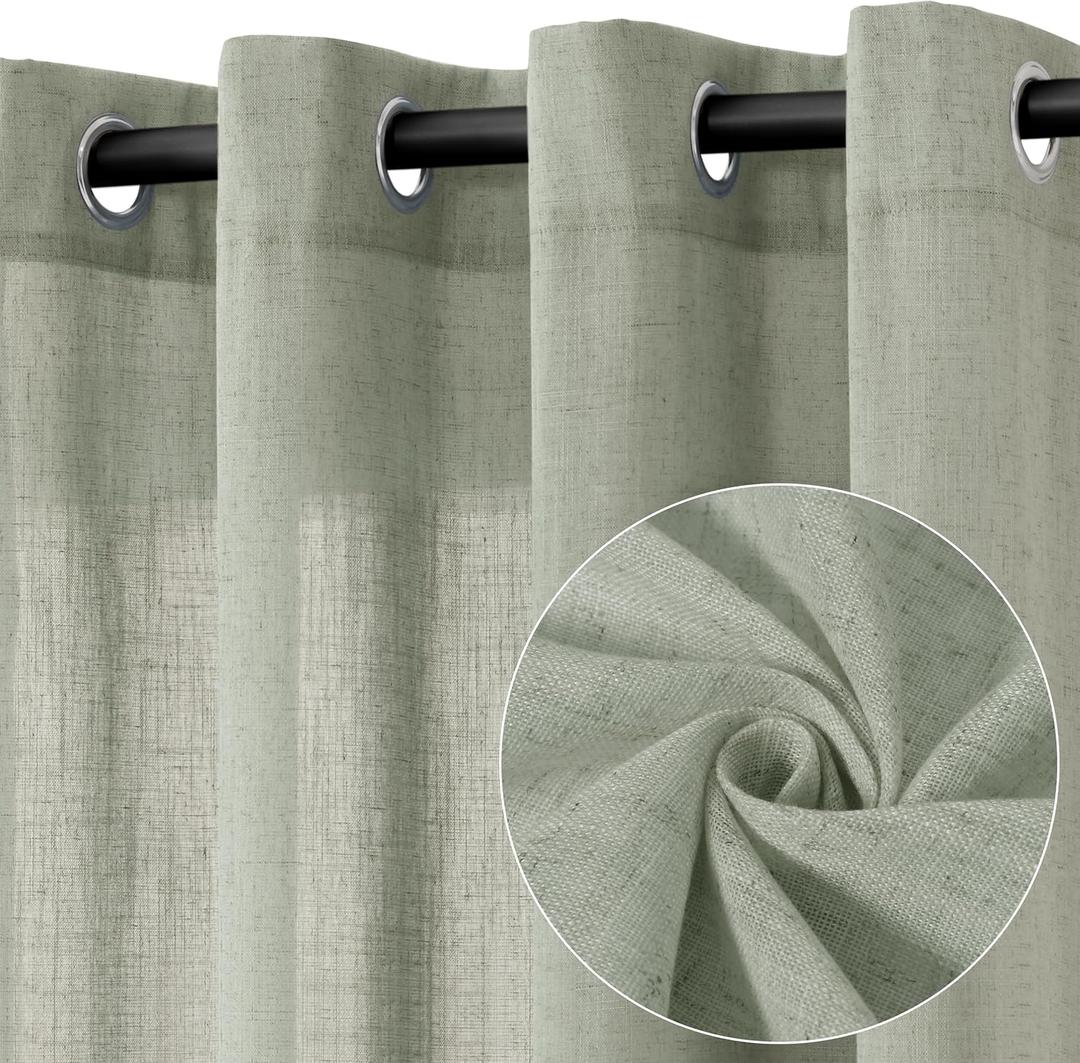 Sage Green Linen Curtains 90 Inch Length 2 Panels for Living Room Bedroom, Light Filtering Sheer Curtains 90 Inches, Elegant Modern Grommet Semi Sheer Soft Privacy Drapes
