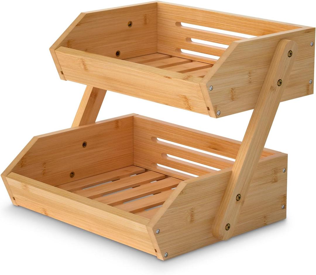 2 Tier Fruit Basket for Kitchen- Bamboo Fruit and Vegetable Storage Bowl Stand for Kitchen Countertop, Produce Basket Fruit Holder for Potato, Onion, Bread, Snack Storage