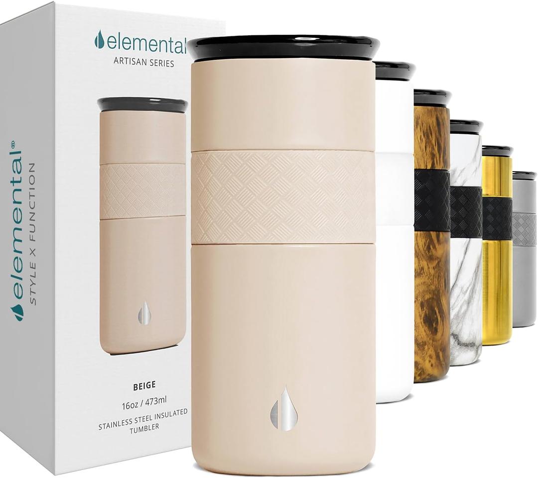 Elemental Artisan Insulated Tumbler, Triple Wall Coffee Travel Mug, Reusable Stainless Steel Coffee Tumbler with Ceramic Lid, Thermal Coffee Cups for Hot (6 Hrs) & Cold (18 Hrs), 16oz - Beige
