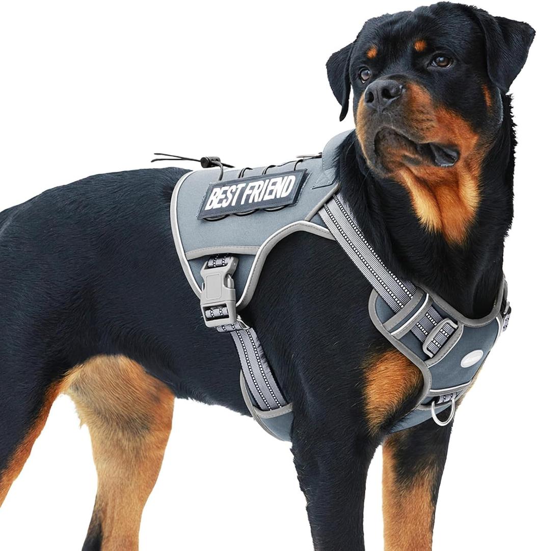 Auroth Tactical Dog Harness for Large Dogs No Pull Adjustable Pet Harness Reflective K9 Working Training Easy Control Pet Vest Military Service Dog Harnesses Grey XL (XL(Neck:20-31",Chest:26-42"),75-135 lbs)