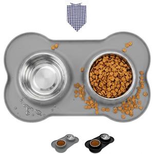 Double Stainless Steel Dog Bowls with Non-Slip Silicone Mat,Pets Food Bowl Set, Non-Slip & Dishwasher Safe, Small Dog Bowls for Puppies & Cats, Suitable for Tiny Pets Under 8lbs,Extra Small,Grey