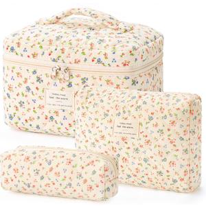 HBselect Quilted Makeup Bag, 3PCS Cotton Large Travel Makeup Bag, Cute Floral Coquette Make up Bag Cosmetic Bag Toiletry Bag for Women Girls