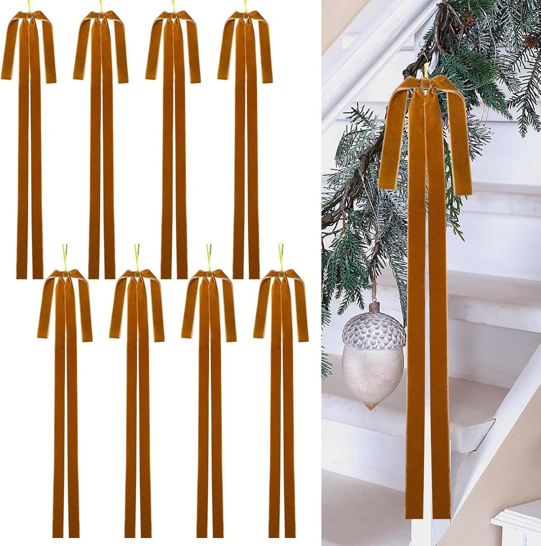 8PCS Large Velvet Christmas Bows 15.5 x 23.5 Inch Brown Bows for Xmas Tree Topper Wreath Staircase Indoor Outdoor Vintage Christmas Decor