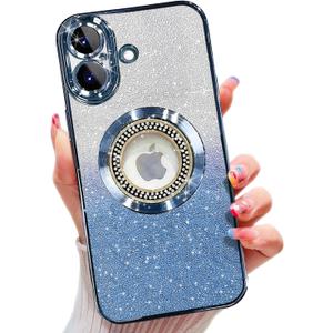 Misscase for iPhone 17 Magnetic Glitter Case Compatible with MagSafe,Full Protection Slim Shockproof Anti-Scratch Case with Camera Lens Protector Plating Bling Dust-Proof Net for Women Blue