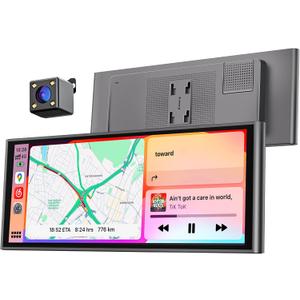 9.26" Wireless Portable Car Play Screen for CarPlay & Android Auto, OTA Updates, Backup Camera, Mirror Link, 5.0 Bluetooth, Voice Control, GPS Navigation, FM (Gray)