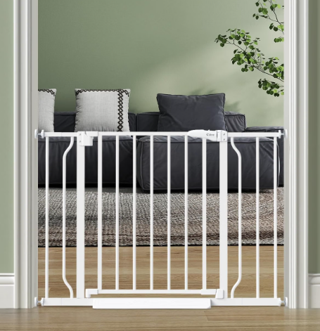 Baby Gate Auto Close,  Dog Gate Indoor for Stairs & Doorways Pressure Mounted Adjustable Pet Gate Indoor, Easy Walk Through No Drilling Child Gate for Baby & Pet Stroller Friendly, White, Up to 55"