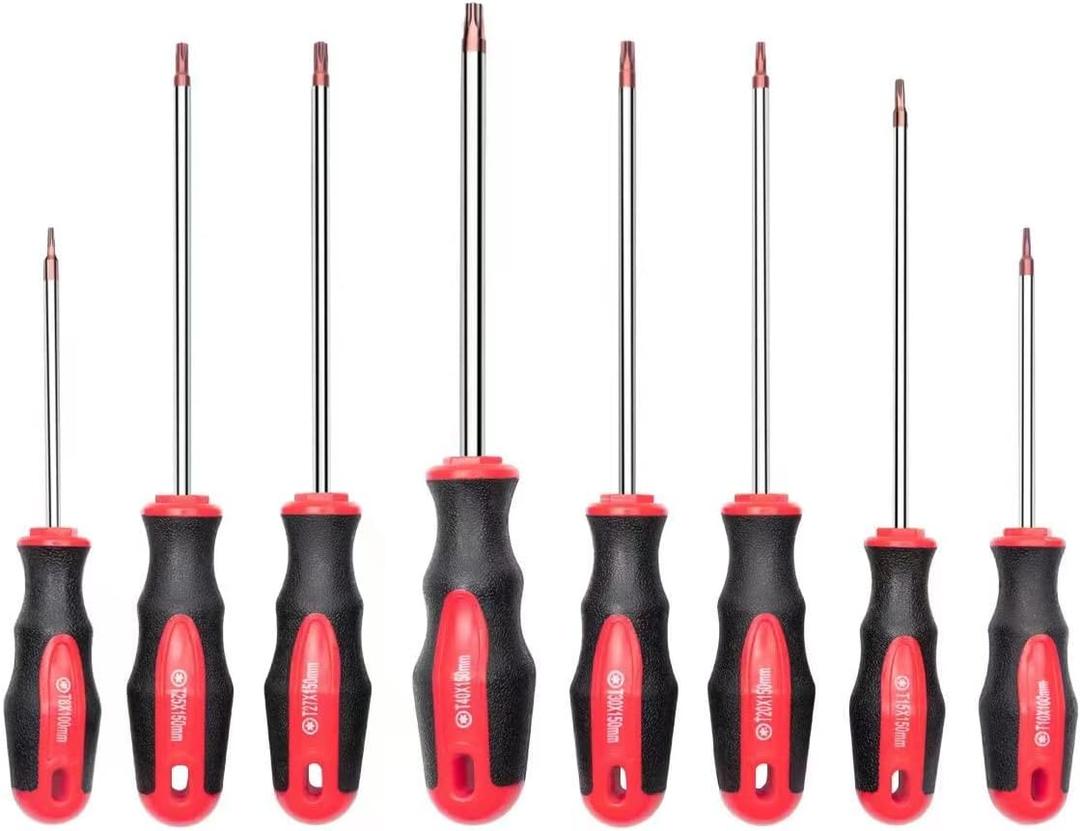 ROTATION 8PCS Magnetic Tip Torx Screwdriver Set, 8 Torx Star Screwdrivers, T8, T10, T15, T20, T25, T27, T30, T40 Red Tip | Red, Gloss, S2 Steel