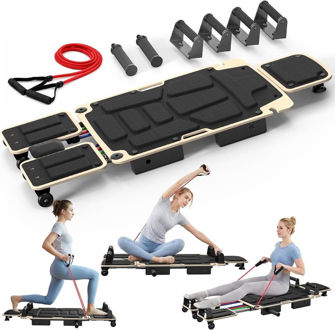 Pilates Board Reformer for Home Workout, 5-in-1 Pilates Equipment with Dual & Split Foot Pads, Smooth Sliding Rail System, Adjustable Headrest for Heights 3'7"–6'3", Core & Full-Body Training