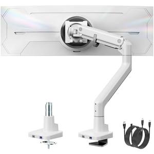 monTEK Single Monitor Arm with USB A/C, Ultrawide Monitor Stand for 17 to 57 Inch Curved Screen, Holds 59.4 lbs, Adjustable Gas Spring Arm, 75/100 VESA Mount, Clamp & Grommet Desk Mount, White
