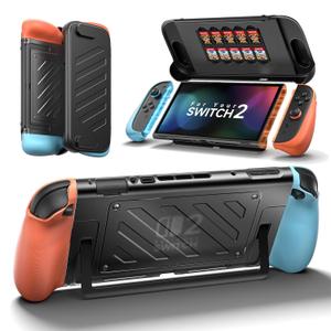 JSAUX Split Protective Case for Nitendo Switch 2, TPU Middle Frame & PC Front Cover, Non-Slip Ergonomic Grip, Storage for 10 Game Cards, Supports Stand Use-PC0114(Blue & Orange)