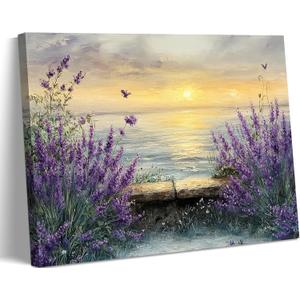Tertiosh Coastal Sunset Lavender Canvas Wall Art Still Life Seascape Wall Decor Picture Floral Print Beach Theme Painting Artwork for Modern home decoration for living room and bedroom 24x36in