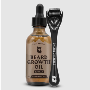 Striking Viking Beard Growth Kit for Men - Sandalwood Scent - 1 Fl Oz of Thickening & Conditioning Biotin Beard Growth Oil & 1 Applicator - Naturally Derived Growth Serum with Argan & Jojoba Oil