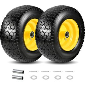 2Pc 16x6.50-8 Flat Free Lawn Mower Tire 1 Inch Axle, Fits 1" & 3/4" Bearing | 3" Offset Hub, 16x6.50-8 Solid Tire and Wheel for Lawn Mower & Garden Riding Tractors Front Heavy duty tire Assembly, 550lbs