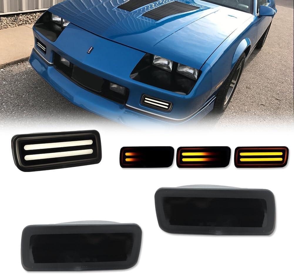 GTINTHEBOX for 1985 1986 1987 1988 1989 1990 1991 1992 Chevy Camaro Front Bumper Turn Signal Daytime Running Light Smoked Lens Switchback White & Amber LED Lamp